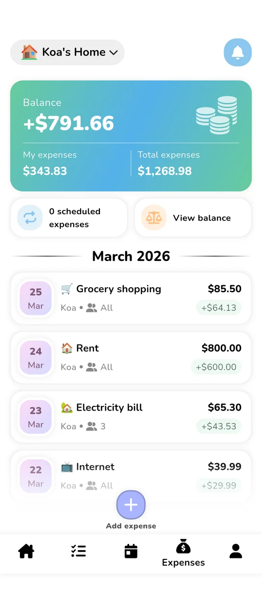 Koabit budget screen: household balance (+791.66 €), comparison between 'My expenses' (343.83 €) and 'Household total' (1,268.98 €), and chronological list of shared expenses (groceries, rent, electricity, internet) with their auto-calculated share