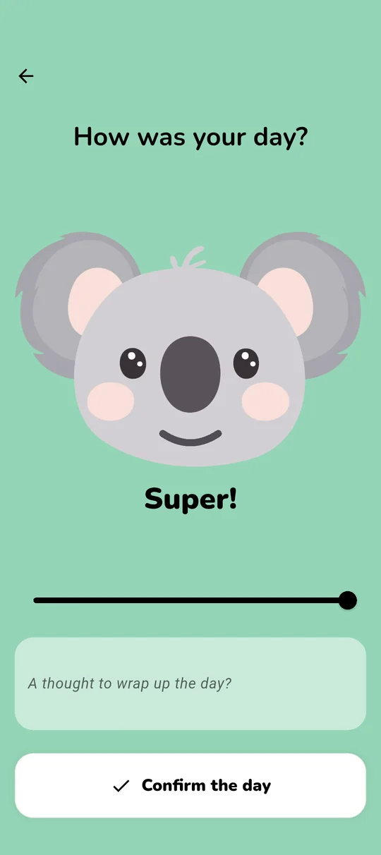 Koabit screen where you log your mood for the day: the Koala mascot changes expression based on the slider position (from sad to great), and an optional field lets you add a short note to close out the day