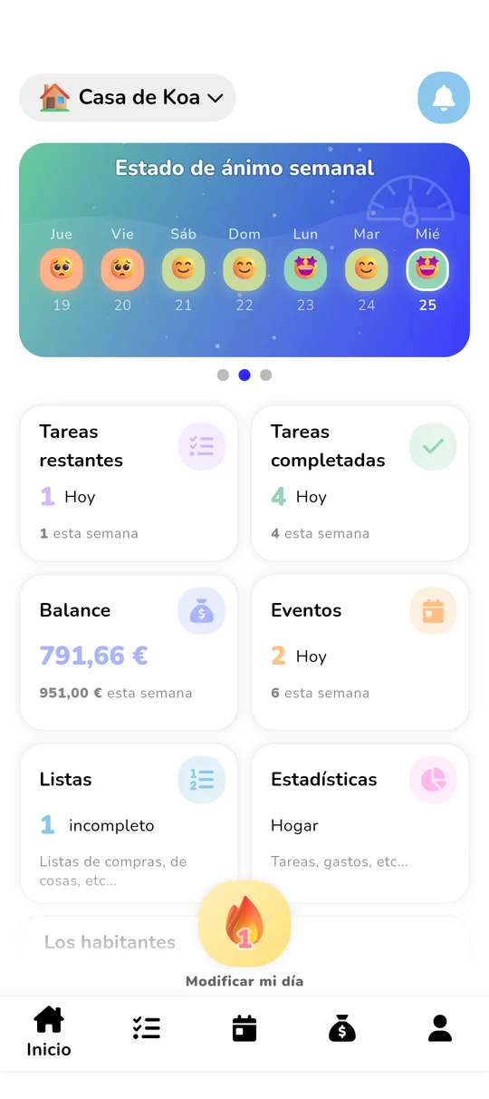 Panel de inicio de Koabit: ánimo de la semana (emojis para cada día), tarjetas que resumen tareas pendientes y hechas, balance del hogar, eventos próximos, listas y estadísticas. Todo el día a día del hogar centralizado en una sola vista