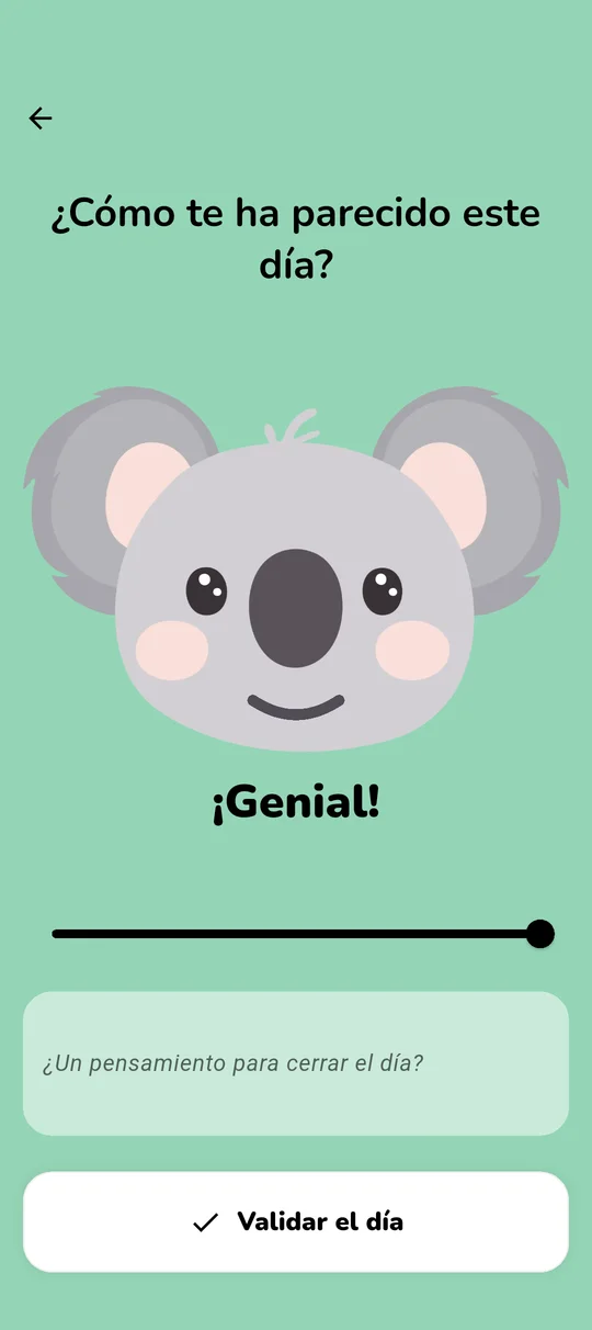 Pantalla de Koabit donde se registra el ánimo del día: la mascota Koala cambia de expresión según la posición del cursor (de triste a genial), y un campo opcional permite añadir una nota corta para cerrar la jornada