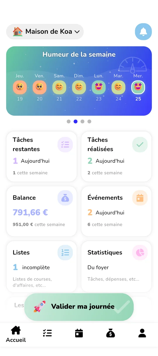 Tableau de bord d'accueil de Koabit : humeur de la semaine (emojis pour chaque jour), cartes résumant tâches restantes et réalisées, balance du foyer, événements à venir, listes et statistiques. Tout le quotidien du foyer centralisé dans une seule vue
