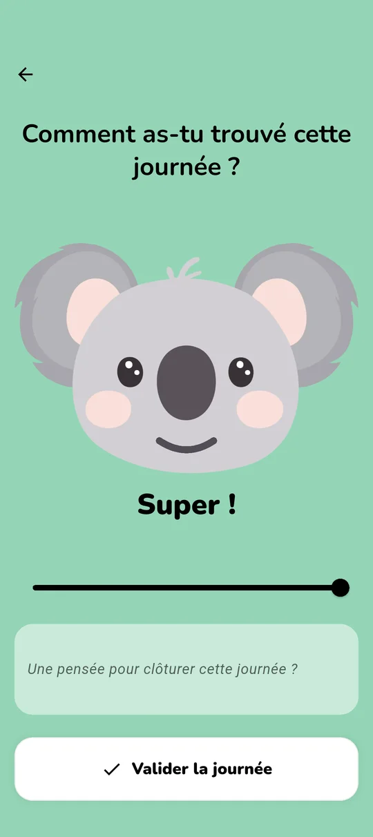Écran de Koabit où on enregistre son humeur du jour : la mascotte Koala change d'expression selon la position du curseur (de triste à super), et un champ optionnel permet d'ajouter une courte note pour clôturer la journée