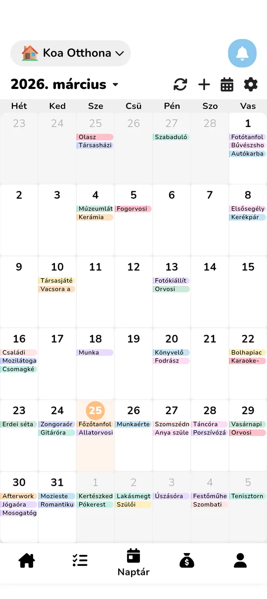 A megosztott családi naptár nézete