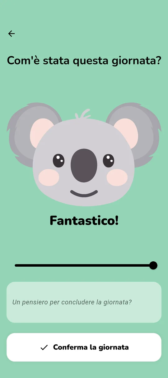 Schermata di Koabit dove si registra il proprio umore del giorno: la mascotte Koala cambia espressione a seconda della posizione del cursore (da triste a super), e un campo opzionale permette di aggiungere una breve nota per chiudere la giornata