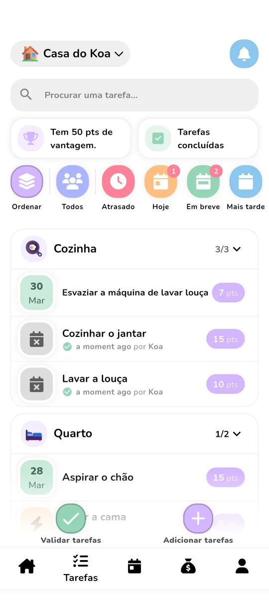 Tela de gerenciamento de tarefas com pontos e ranking
