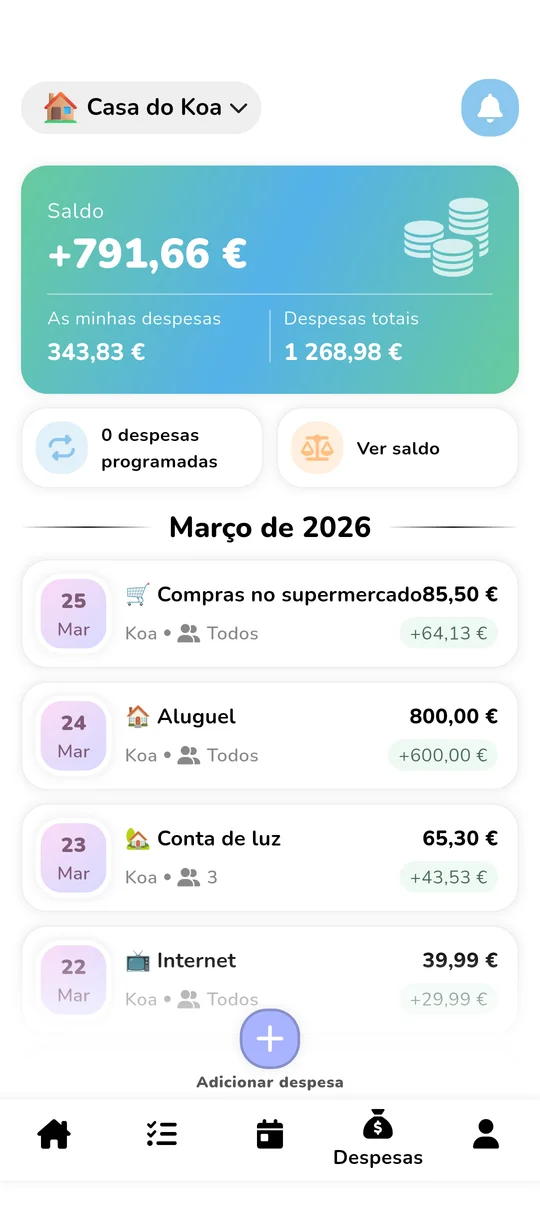 Interface de orçamento partilhado e divisão de despesas